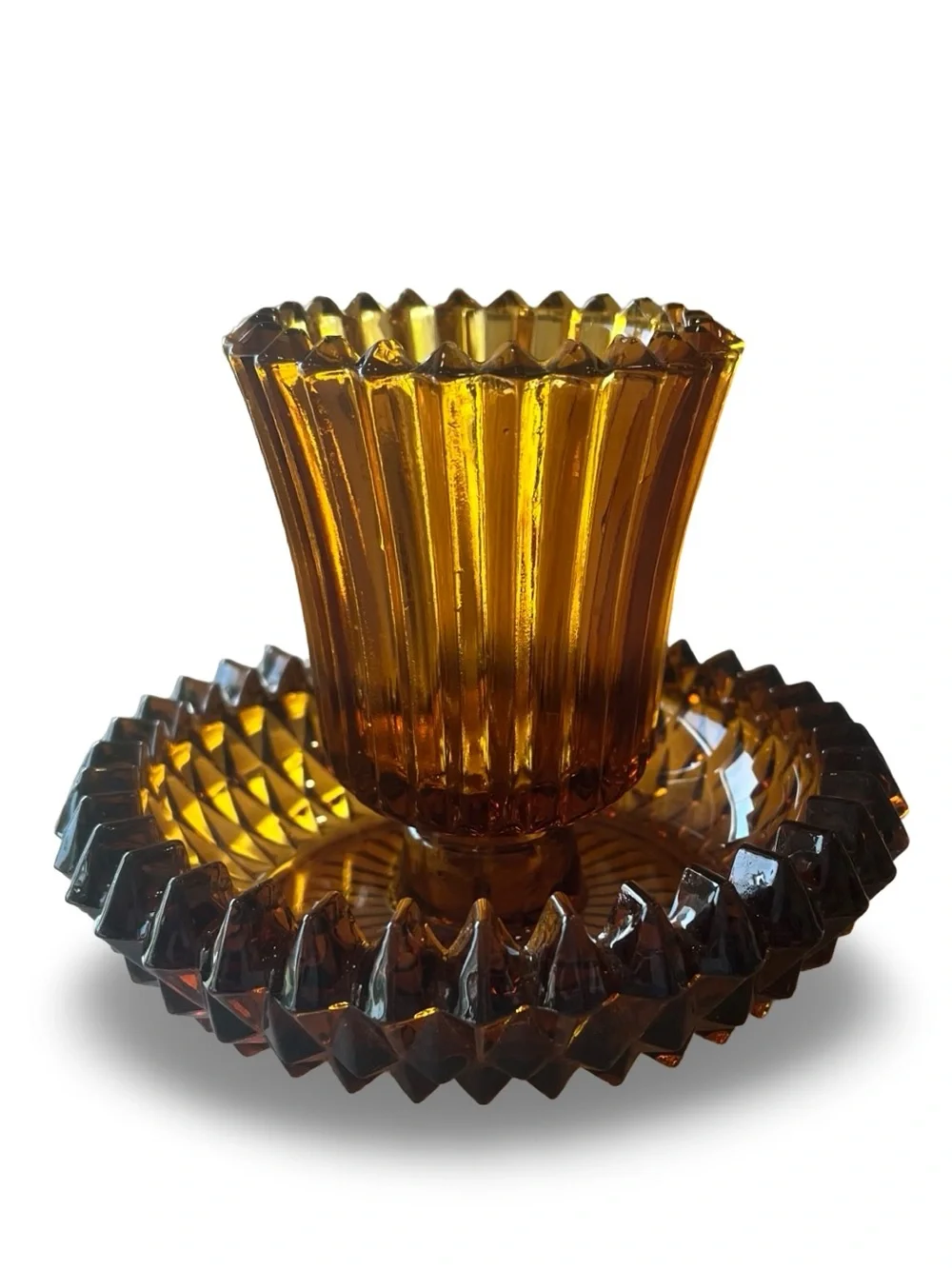Vintage Indiana Glass Amber 2-Piece Candle Holder